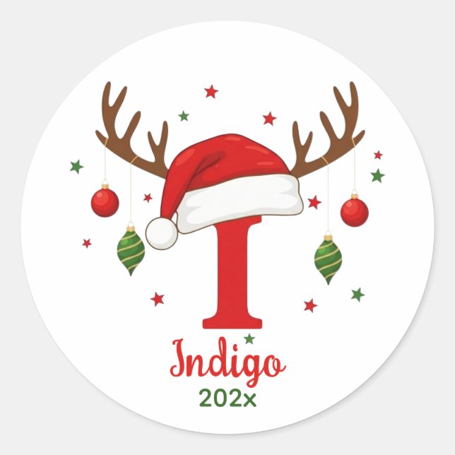Personalized Christmas Monogram I Santa Hat Runder Aufkleber (Vorderseite)