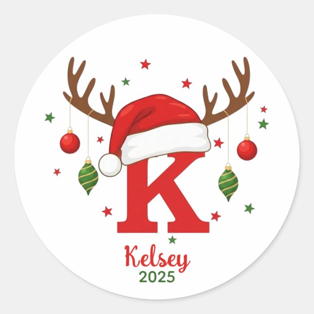 Personalized Christmas Monogram K Santa Hat Runder Aufkleber (Vorderseite)