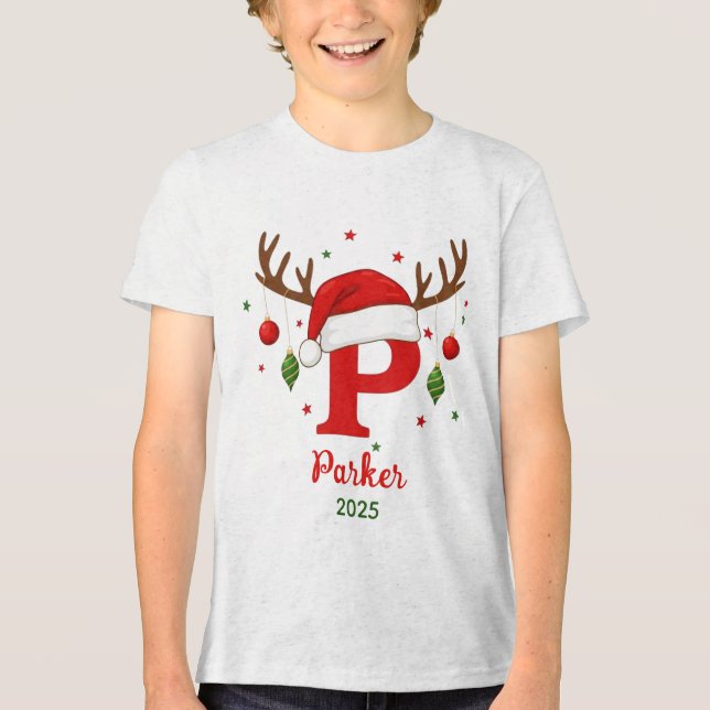 Personalized Christmas Monogram P Santa Hat Tri-Blend Shirt (Vorderseite)