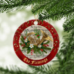 Personalized Christmas Music French Horn Keramik Ornament<br><div class="desc">Personalize this ornament for yourself or as a gift for a music lover. The French horn in the center is decorated for Christmas with pine sprigs, holly leaves, red berries, and flowers, with a background of a vintage sheet music Christmas carol. Around the edge is simulated red metallic with gold...</div>