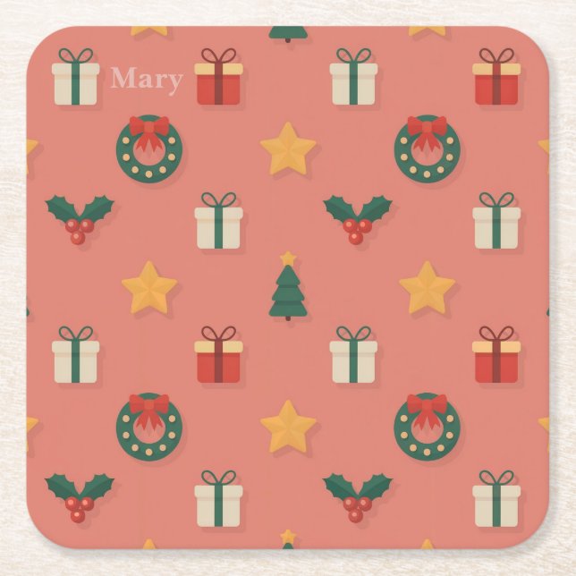 Personalized Christmas Pattern Coaster Set Rechteckiger Pappuntersetzer (Vorderseite)