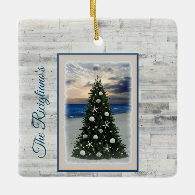 Personalized Christmas Tree Beach Ceramic Ornament (Vorderseite)