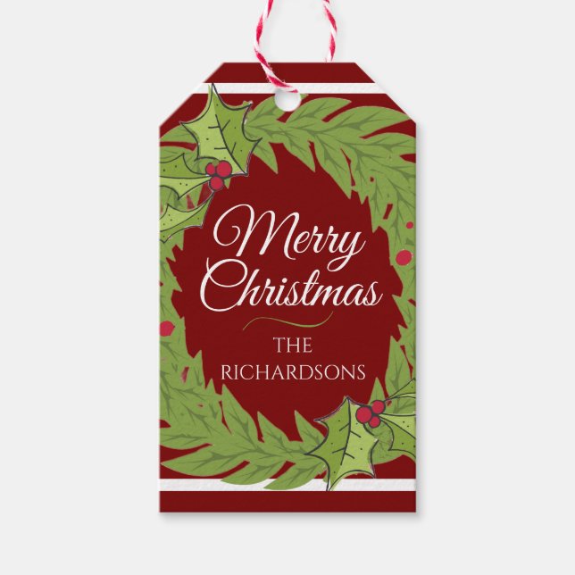 Personalized Christmas Wreath Red Gift Tag Geschenkanhänger (Vorderseite)