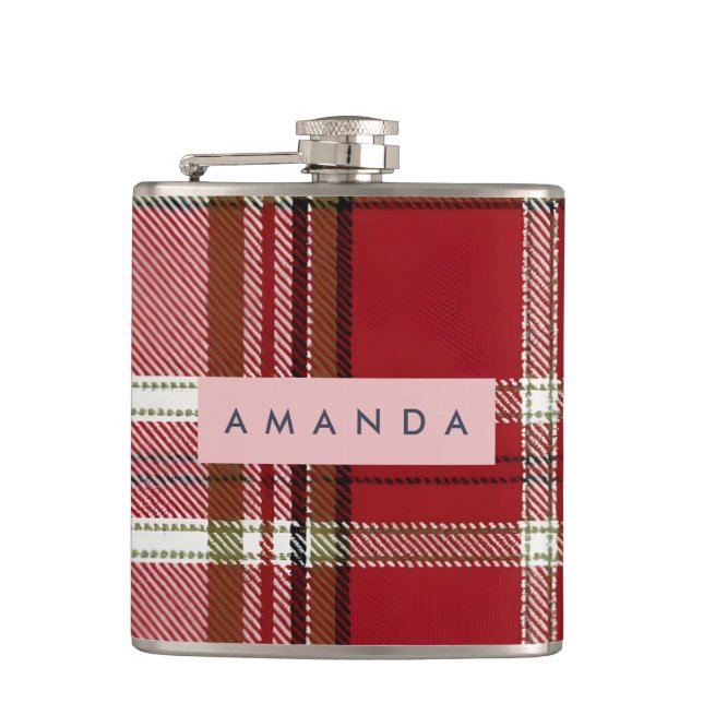 Personalized Classic Red and Olive Plaid  Flachmann (Vorderseite)