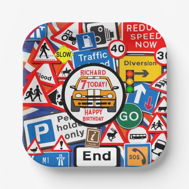 Personalized Colourful Road Signs, Birthday Party Pappteller (Vorderseite)