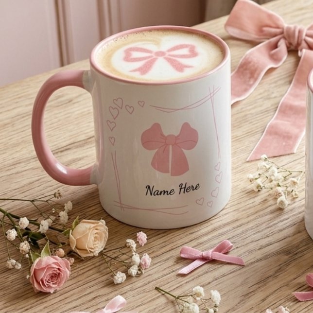 Personalized Coquette Pink Bow Coffee Mug Tasse (Custom text ceramic coquette pink bow mug with pink handle)