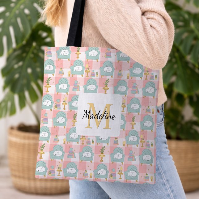 Personalized Cozy Cat & Book Tote Bag Girly Pink Tasche (Von Creator hochgeladen)