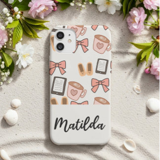 Personalized cozy Girly Bows & Coffee Pattern Case-Mate iPhone 14 Hülle