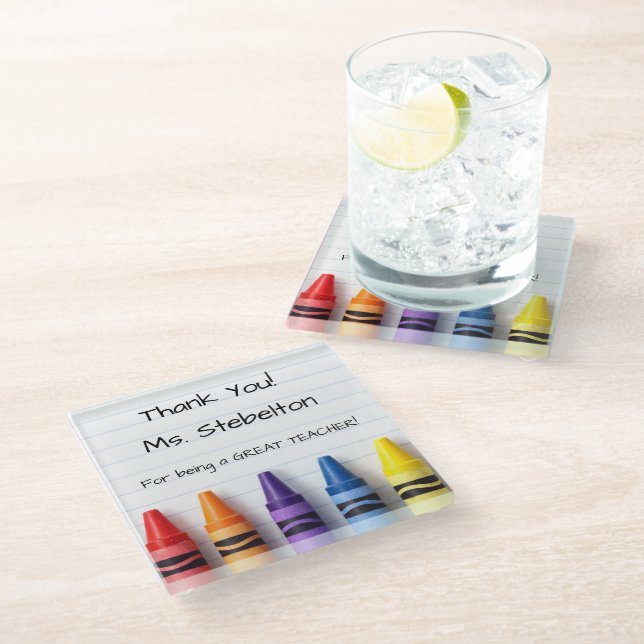 Personalized Crayon Teacher Drink Coaster Glasuntersetzer (Schrägansicht)