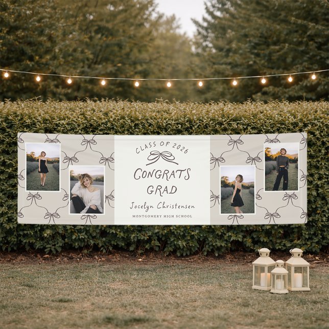 Personalized Cream Taupe Bows 4 Photo Graduation Banner (Von Creator hochgeladen)