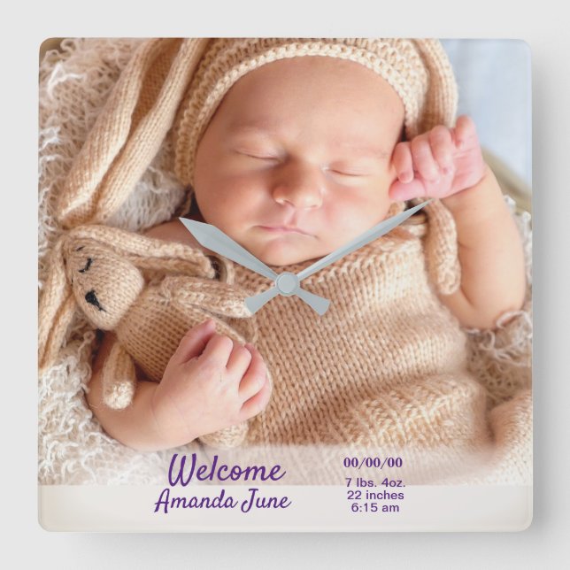 Personalized Custom Baby Photo Clock Quadratische Wanduhr (Vorderseite)
