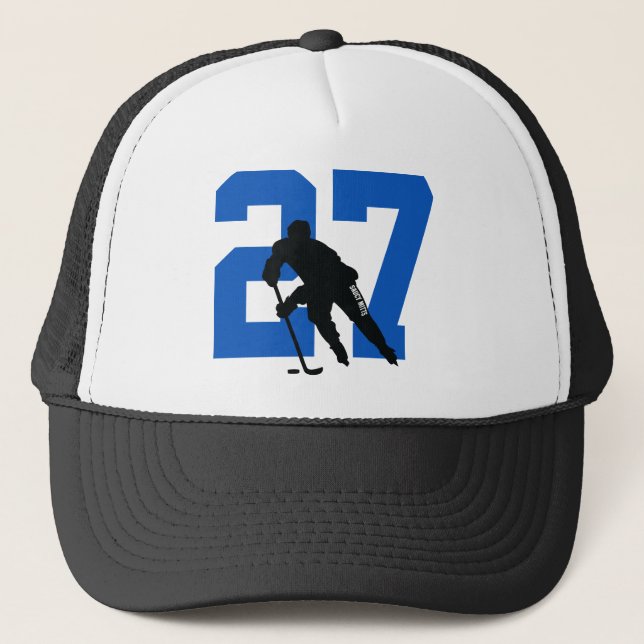 Personalized Custom Hockey Player Number Blue Truckerkappe (Vorderseite)