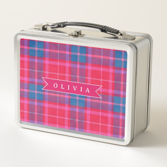 Personalized Custom Pink Fuchsia Plaid Preppy  Metall Brotdose (Vorderseite)