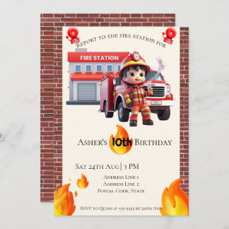 Personalized Cute 3D Fire Fighter Boy Birthday Einladung