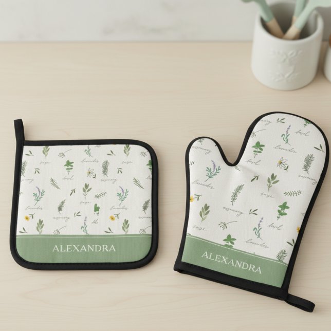 Personalized Cute Botanical Ofenhandschuh & Topflappen-Set (sweet cottagecore sage green personalized oven mitt and pot holder set with custom name for chef)