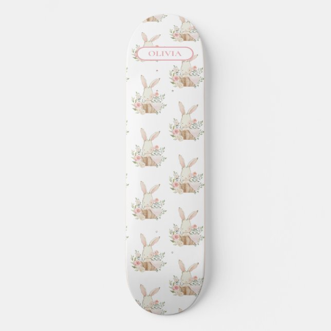 Personalized Cute Bunny Rabbit Floral Skateboard (Vorderseite)