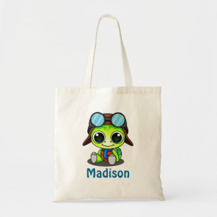 Personalized Cute Chibi Turtle in Aviator Hat Tragetasche