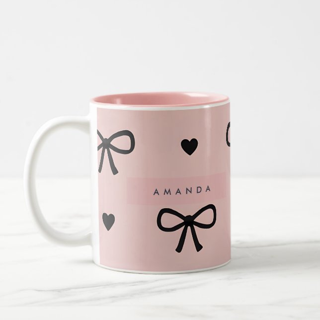 Personalized Cute Chic Pink Bow & Heart Pattern Zweifarbige Tasse (Links)