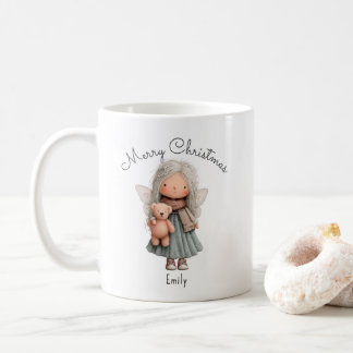 Personalized Cute Christmas Fairy Girl and Teddy   Kaffeetasse