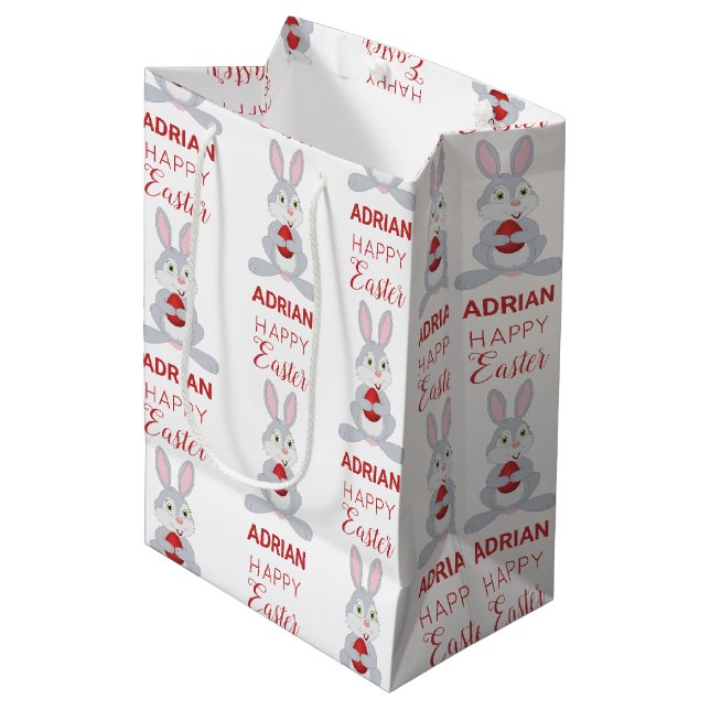 Personalized Cute Easter Rabbit Red Easter Egg  Mittlere Geschenktüte (Vorderseite Schrägansicht)