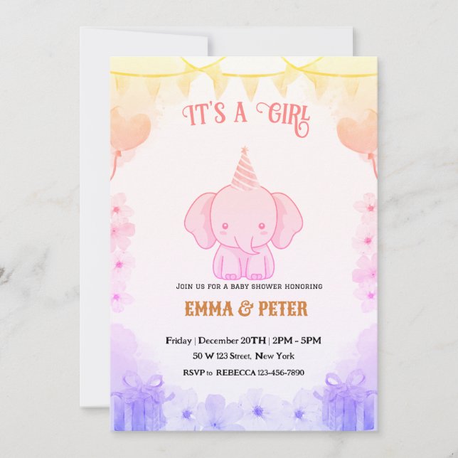 Personalized Cute Elephant Pink Baby Shower Einladung (Vorderseite)