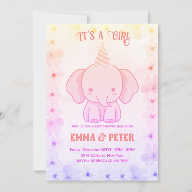 Personalized Cute Elephant Pink Baby Shower Einladung (Vorderseite)