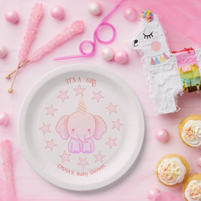 Personalized Cute Elephant Pink Baby Shower Pappteller (Party)