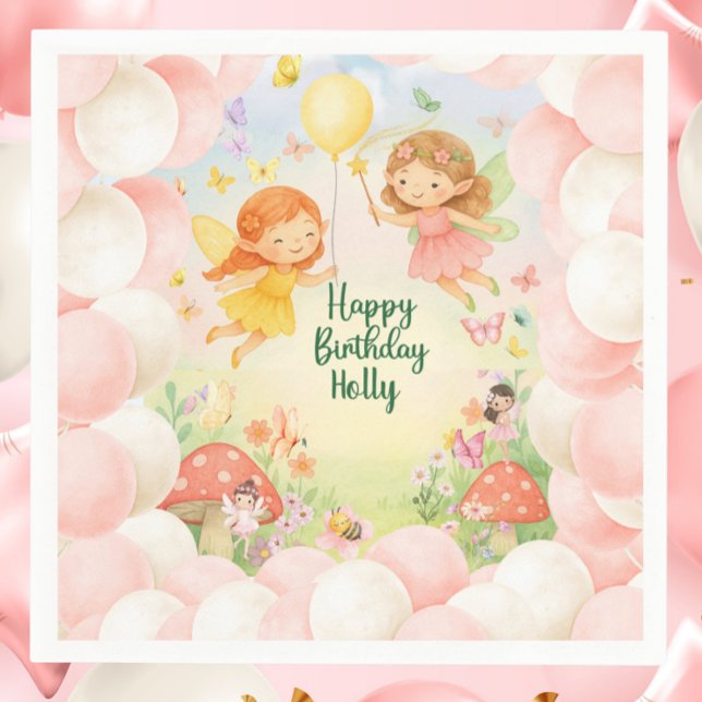 Personalized Cute Fairy Birthday Paper Napkin  Serviette (Personalized Fairy Birthday Paper Napkin | Cute Magical Fairies Party Tableware)