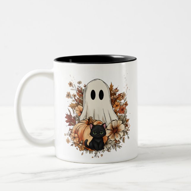 Personalized Cute Ghost and Black Cat Autumn Mug Zweifarbige Tasse (Links)