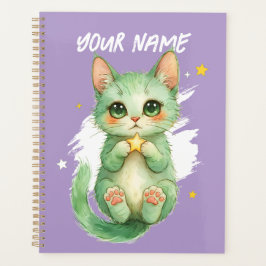 Personalized Cute Green Kitty Cat Planner Planer