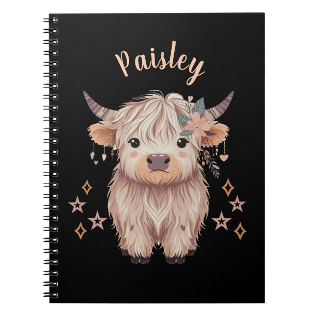 Personalized Cute Highland Cow Notebook Black Notizblock (Vorderseite)