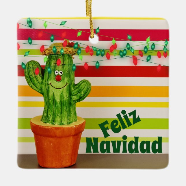 Personalized Cute Holiday Cactus Feliz Navidad Keramikornament (Vorderseite)