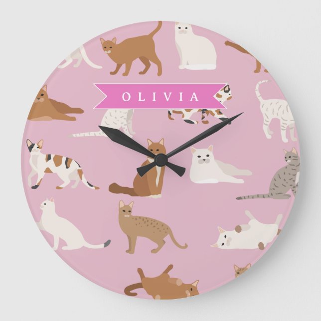 Personalized Cute Pink Cat Pattern Gift Cat Lover Große Wanduhr (Vorderseite)
