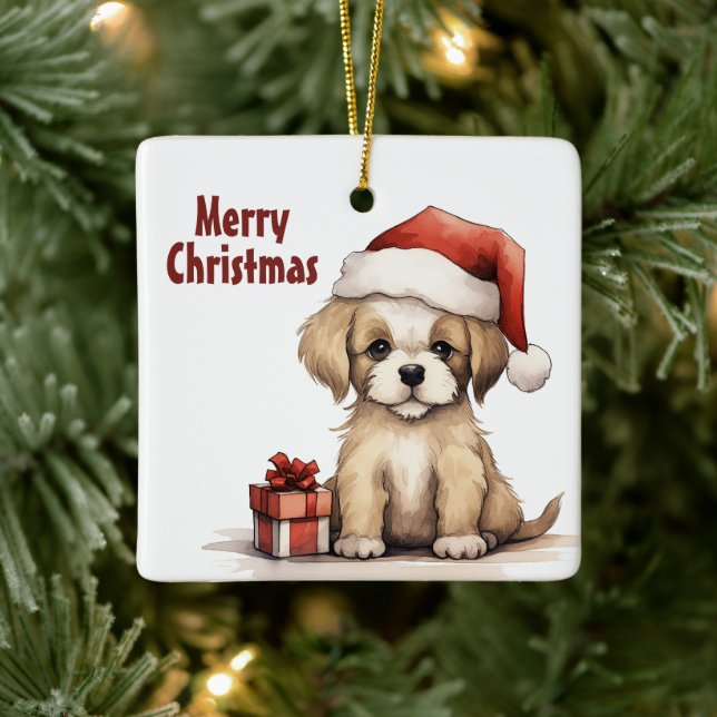 Personalized Cute Puppy with Santa Hat Christmas Keramikornament (Baum)