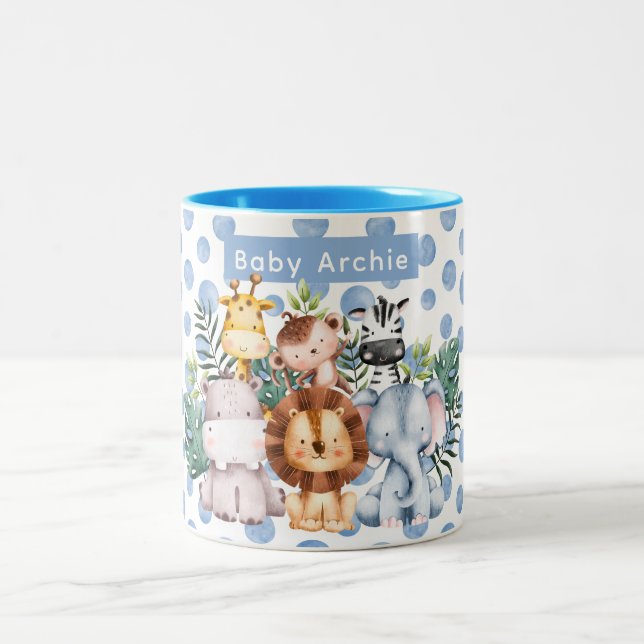 Personalized Cute Safari Animal baby boy name blue Zweifarbige Tasse (Mittel)