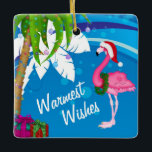 Personalized Cute Santa Flamingo Beach Christmas Keramikornament<br><div class="desc">This Warmest Wishes holiday Christmas tree ornament feature palm trees decorated with Christmas lights and a flamingo wearing a Santa hat set against a cool and white abstract beach background. It can be personalized with a name,  year or any text that you wish to add. Some graphics by artwork&@delightful-doodles.com</div>