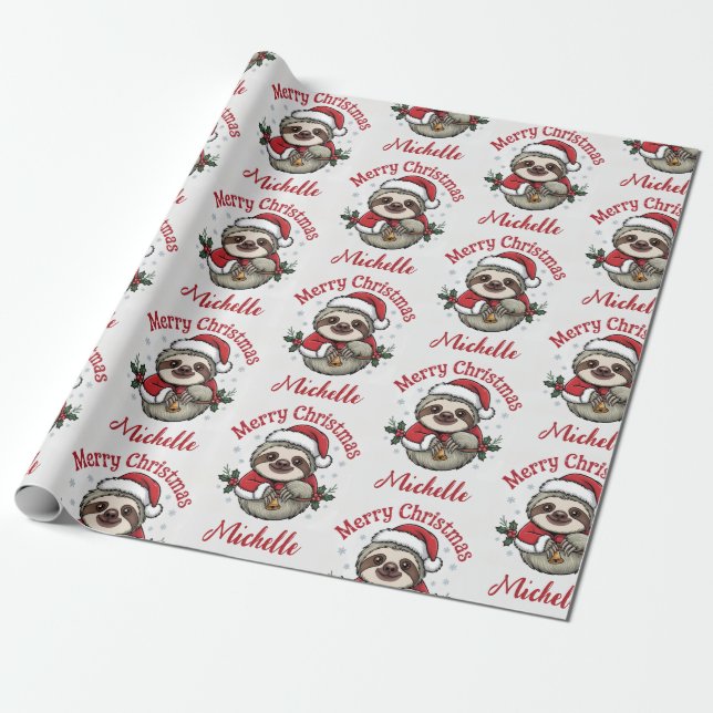 Personalized Cute Sloth Santa Hat Holiday          Geschenkpapier (Ungerollt)