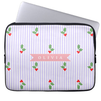 Personalized Cute Striped Holiday Christmas Holly  Laptopschutzhülle