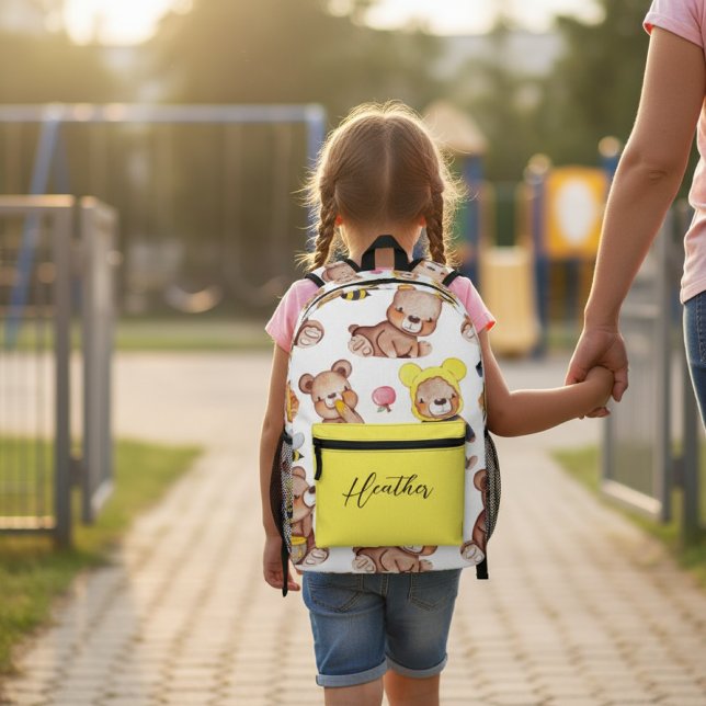 Personalized Cute Teddy Bear Bees & Honey Pattern  Bedruckter Rucksack (Von Creator hochgeladen)