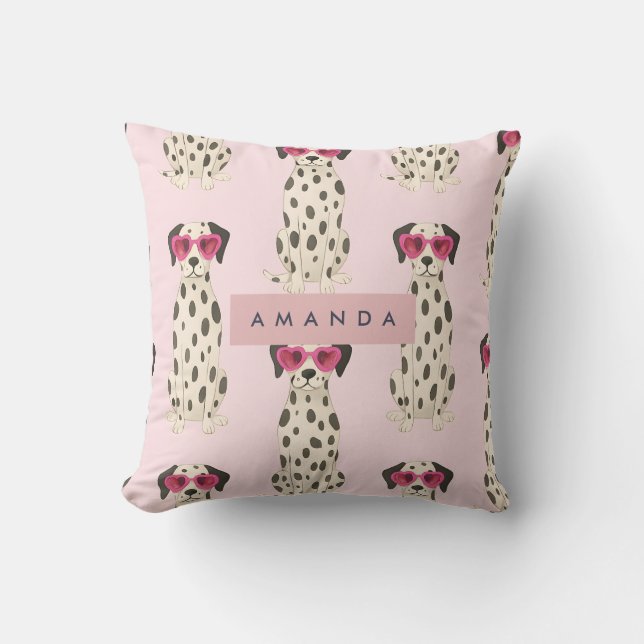 Personalized Dalmatian Dog with Pink Heart Glasses Kissen (Vorderseite)
