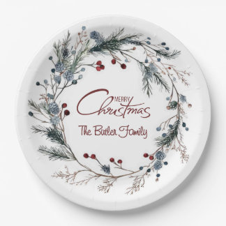 Personalized Delicate Christmas Floral Wreath Pappteller