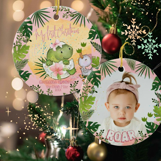 Personalized Dino 'My First Christmas' Photo  Keramik Ornament (Personalized Dino 'My First Christmas' Photo Ceramic Ornament)