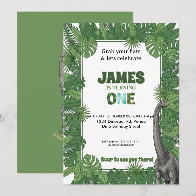 Personalized Dinosaur 1st Birthday Invitations Einladung (Vorne/Hinten)