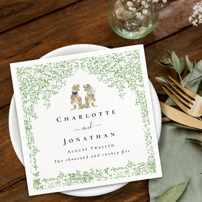 Personalized Dinosaur Wedding Serviette (Personalized dinosaur T-Rex bride and groom wedding napkins Watercolor Jurassic eucalyptus foliage)