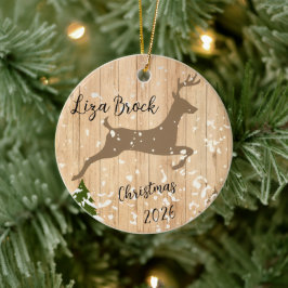 Personalized doe Christmas bauble wooden backgroun Keramik Ornament