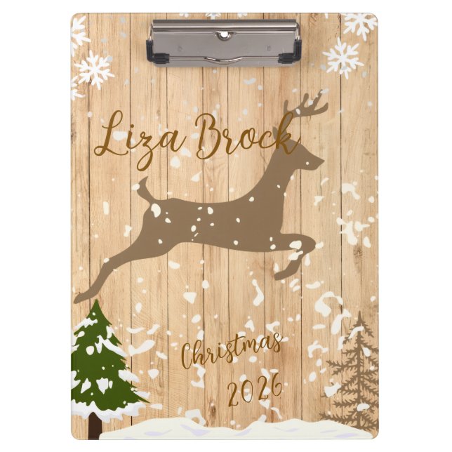 Personalized doe Christmas bauble wooden backgroun Klemmbrett (Vorderseite)