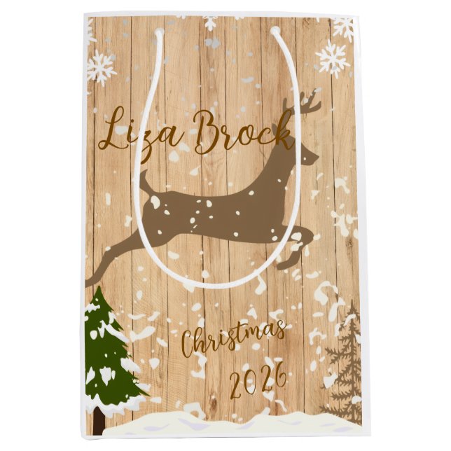 Personalized doe Christmas bauble wooden backgroun Mittlere Geschenktüte (Vorderseite)