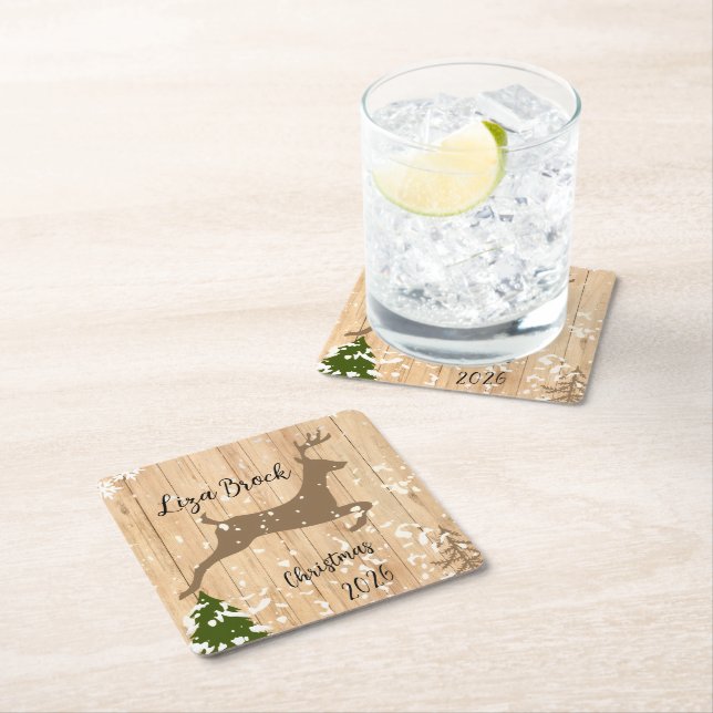 Personalized doe Christmas bauble wooden backgroun Rechteckiger Pappuntersetzer (Vor Ort)
