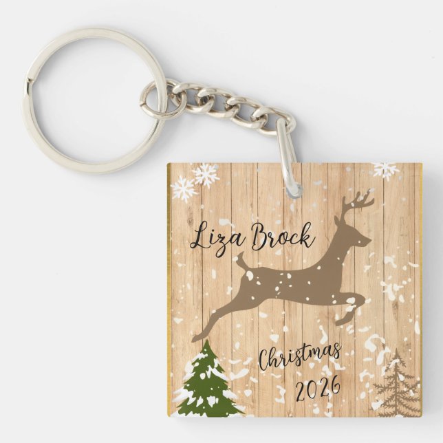 Personalized doe Christmas bauble wooden backgroun Schlüsselanhänger (Vorderseite)