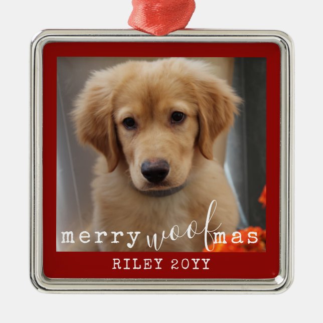 Personalized Dog Photo Merry WoofMas Rustic Red Ornament Aus Metall (Vorne)